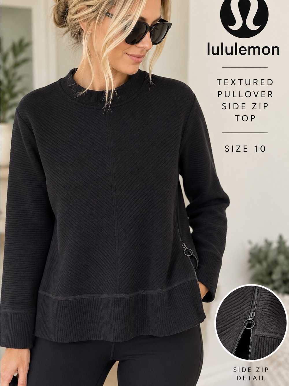 Lululemon Black Textured Long Sleeve Pullover Side Zip Top Size 10